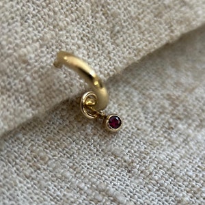 May include: A gold hoop earring with a small dangling ruby gemstone.