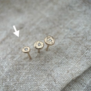 9ct mini molten gold ear studs with a genuine diamond solid recycled yellow gold earrings