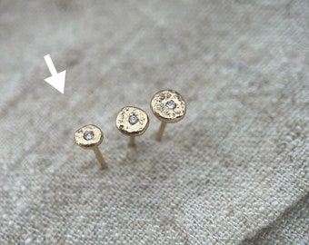 9ct mini molten gold ear studs with a genuine diamond solid recycled yellow gold earrings