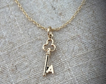 Vintage ‘A’ initial key pendant 9ct gold necklace upcycled