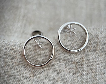 Solid Sterling silver faceted star earrings ear studs