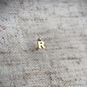 May include: Gold initial letter 'R' earring with a small diamond accent.
