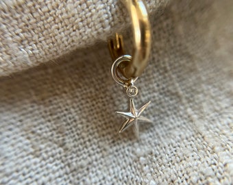 Silver star with a tiny sparkling genuine diamond charm with choice of Sterling silver or gold small hoop huggie