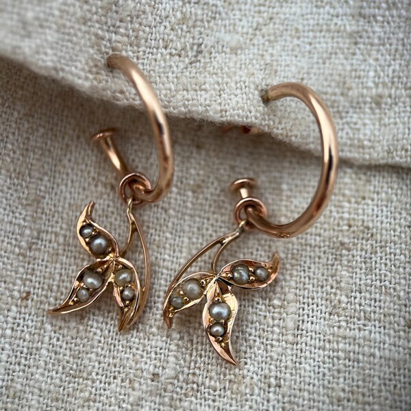 Delicate 9ct rose gold hoops with Victorian upcycled pearl leaf drop charms. Single or pair. Charm also sold separately