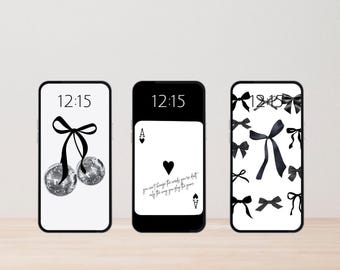 Black and White iPhone Wallpaper, Disco Ball, Ace of Hearts, Bows (Digital Download)