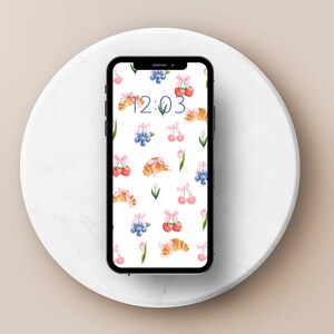 Maximalist Crossiant iPhone Wallpaper, Digital Download, Lock screen wallpaper, Pink bows smartphone wallpaper, Aesthetic Berries and Bows