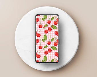 Sfondo per iPhone con ciliegie e quadretti, frutta estetica (download digitale)