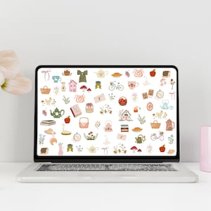 May include: A laptop displays a collection of whimsical illustrations. The images include teapots, houses, baskets, apples, and bicycles, all in a soft, pastel color palette. A pink mug and a vase of flowers are on the desk.