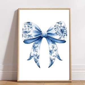 Blue Floral Bow Art Print Poster, Print Poster in 3 Sizes, Coquette Bow Art, Nursery Room Decor, Preppy Digital Download