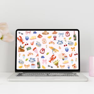 May include: A laptop computer with a white background and a colourful pattern of picnic-themed illustrations. The illustrations include food, drinks, and other picnic essentials. The laptop is on a white surface.