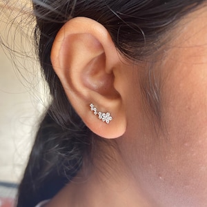 Ear climber earrings, Helix flat back earrings, 14k Gold cartilage earring, Diamond Earrings, Flower earrings, Danity gold earrings.