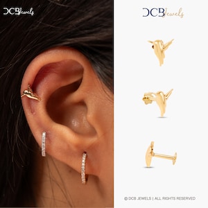 Orecchini colibrì, orecchini uccello in oro massiccio 14k, borchie in oro Helix, borchie piercing in oro con retro piatto - DCB JEWELS
