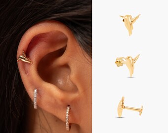 Hummingbird earrings, 14k solid gold bird earrings, Helix gold studs, Flat back gold piercing studs - DCB JEWELS