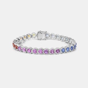 18K Regenbogen Saphir Armband, Diamant Herz Schmuck, Pink Sapphire Liebe Armband, Blauer Saphir Pride Armband, Geschenk zum Valentinstag.