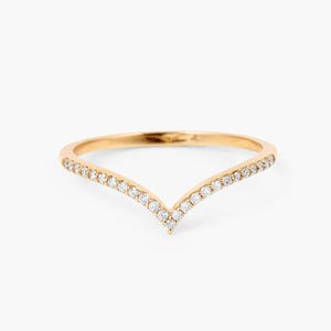 14k Diamond Chevron Wedding Band: Thin V-Shape Ring