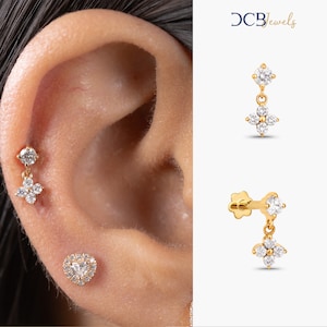 Diamond Dangle Cartilage Earrings, Dangle Tragus Earrings, helix earring Studs, 16g labret flatback earrings, 14k/18k hanging earrings.