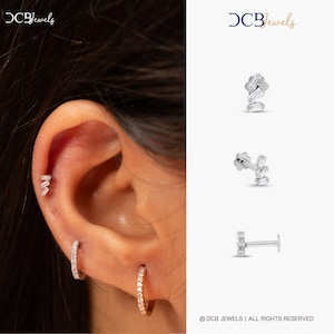 Diamond Baguette helix earring, Diamond Tragus Cartilage flat back earrings, 14k Minimal Diamond Baguette cut earring, 16g labret tiny studs