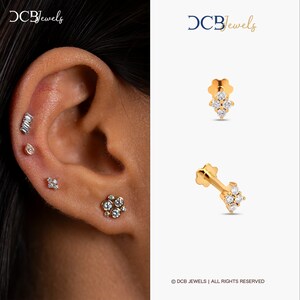 14K Gold Helix Earring, Cartilage Earring, Tragus Earring, Screw Flat Back Earrings, Helix Stud, 16G Piercing Jewelry, Tiny Diamond Studs.