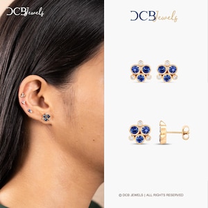 Blue Sapphire Studs/ 14K Solid Gold Trio Stud Earrings, Diamond Bezel set earrings, Diamond Tiny Stud Earrings - DCB JEWELS