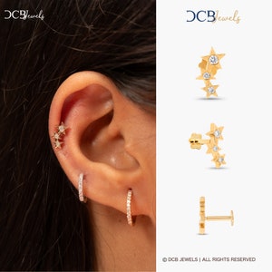 Brincos de ouro 14k em formato de estrela e diamante, mini brincos de estrela, brincos para escalar orelhas, brinco minimalista de diamante para piercing de hélice, brincos celestiais delicados.