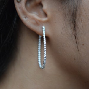 Long Diamond Hoop Earrings, 14k gold 40 mm Oval Inside out Hoop Earrings, Big Huggies earring for parties.
