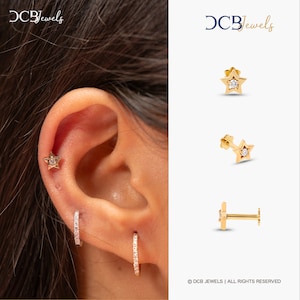 Brincos de estrela de diamante, brinco celestial pequeno de estrela de 14k, brinco de tragus com parte traseira lisa, rosa de 18k, branco, amarelo, brincos de mini hélice de estrela.