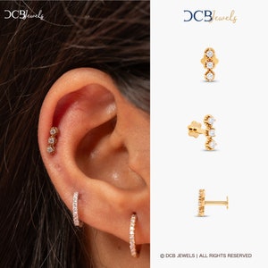 Elegante 14k Gold Bar oorbellen met diamanten, minimalistische platte achterkant Helix oorbellen, kleine diamanten studs, minimale diamanten piercing.