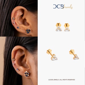 14k Solid Gold Natural Diamond 3 Stone Trio Triangle Cluster Stud Earrings,