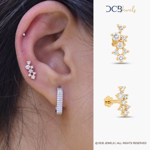 Crawler earrings, Ear Climber earrings, Diamond cluster helix piercing, 14k/18k 16g Labret flat back earrings,Diamond cartilage earring