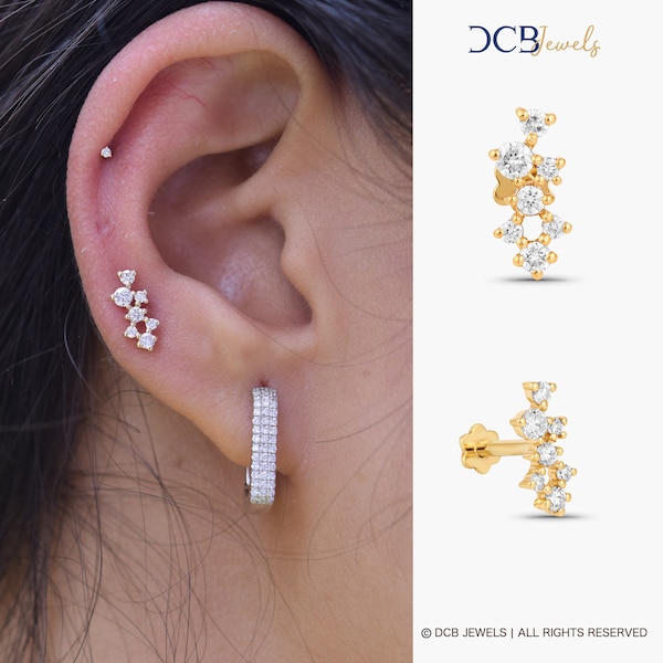 Pendiente de oro de 14 quilates con diamantes: piercing en hélice en racimo