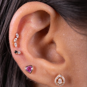 14k gold Marquise internally threaded 16g labret, Diamond helix earring, marquise cartilage flat back stud for earring stack - DCB JEWELS