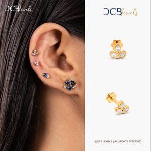 Handgefertigte Lotus Blume Knorpel Ohrringe, 14k Gold Blume Tragus Ohrringe, Diamant Flat Back Ohrringe, 16g Labret Stud, Lotus Piercing.