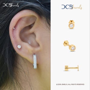 Diamond Tragus earring, Diamond Solitaire studs 0.08 ct Diamond Flat back studs, 14K Gold Tragus Piercing, 16g Labret Screw Back Earrings.