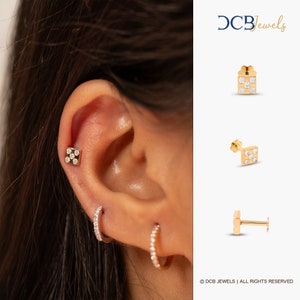 Diamond bezel set stud earrings, 14k helix disk piercing studs, flat back cartilage earrings, second hole stud 16 g labret earrings.