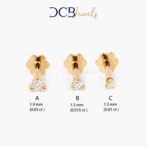 Orecchini a bottone con retro piatto in diamante, piccoli borchie per il naso in diamante 14k, mini borchia in oro, borchia per labret, borchia delicata per elice e trago - DCB JEWELS
