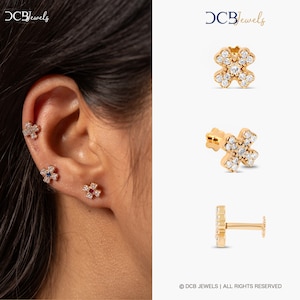 Diamond Flower Stud Earring sets, Elegant 14k Gold Floral Jewelry for Cartilage and Second Hole, Piercing, 16g flat back earrings DCB JEWELS