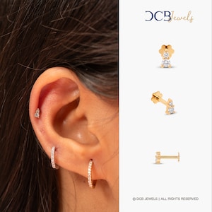Diamond Cartilage Earring,14k Solid Gold Minimal Diamond Tragus Earring , 16g Labret Flat Back Forward Helix Stud Piercing