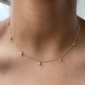 Diamond Station Necklace, 14k Gold,Diamond Choker Necklace, Diamond by the Yard Necklace,Diamond Wedding Necklace,Floating Diamond Necklace
