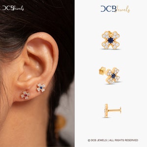 14k Gold Flower Sapphire Earrings, Handmade Diamond Floral cartilage earrings, 14k Diamond helix earring, flatback sapphire earrings.