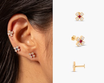 14k Gold Ruby Diamond Flower Stud Earrings: Natural Gemstone Piercing