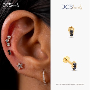 Natural Black Diamond flat back studs, 14k Forward Helix Studs, Tragus Conch piercing, Labret Internally Threaded, 16g studs. Small studs.