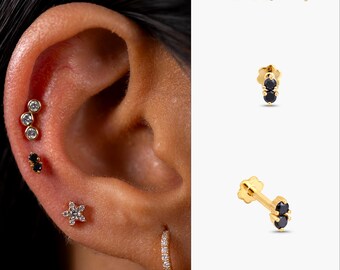14k Gold Black Diamond Flat Back Stud: Helix, Tragus, Conch Piercing