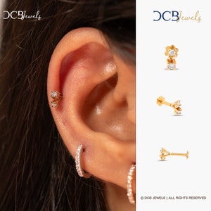 Tiny Diamond Tragus Earring ,14k Unique Helix Stud, Flat Back Cartilage Piercing, Labret 16g Screw Back Jewelry, combine studs - DCB JEWELS
