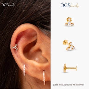Elegant Diamond Trio Stud Earrings Set in 14k Gold - Screw Back Piercing & Cartilage 16g Labret Jewelry by DCB JEWELS