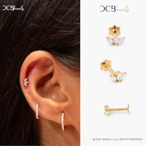 Marquise Diamond Cartilage Earring, 14K Gold Minimal Flower Diamond Helix Piercing,16g Labret Flat Back, Lotus Earring, Tragus Piercing.