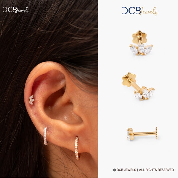 Pendiente de cartílago con diamante marquesa, perforación de hélice con diamante de flor minimalista en oro de 14 quilates, parte posterior plana de labio de 16 g, pendiente de loto, perforación de trago.