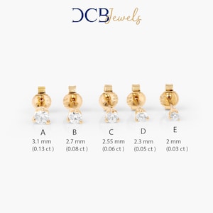 14K Gold Diamond Solitaire Stud Earrings, Diamond Cartilage Earring, Small Three Prong Minimalist Stud Earrings - DCB JEWELS