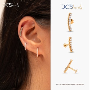 Gold Ear climber Earrings, Cartilage Flat Back & Curved Bar Crescent Ear Crawler, 14k or 18k Diamond gold ball earrings, Cluster ear climber