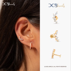 Helix Diamanten Piercing Blatt Ohrringe, Marquise Ohrringe, 14k/18k Helix Kletterer Ohrringe, Curve flache Rückseite 16g labret - DCB JEWELS