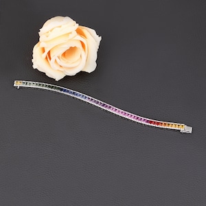 Rainbow Sapphire 18k White Gold Bracelet, Natural emerald cut Sapphires and Diamond tennis Bracelet, Colorful Gemstones Bracelet.